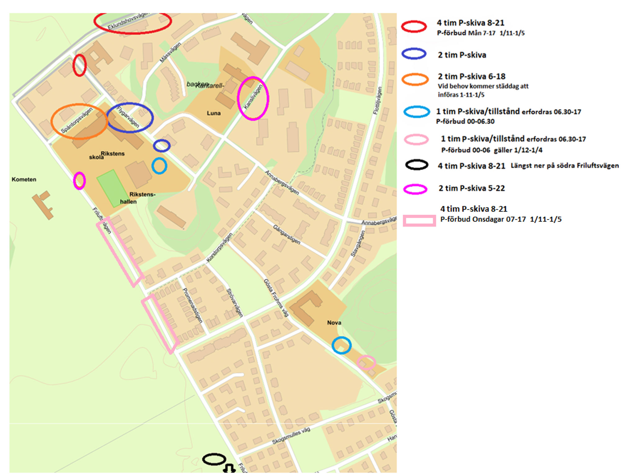 Kartbilden visar bestämmelser kring parkering i Rikstens friluftsstad, uppdaterad 2022-02